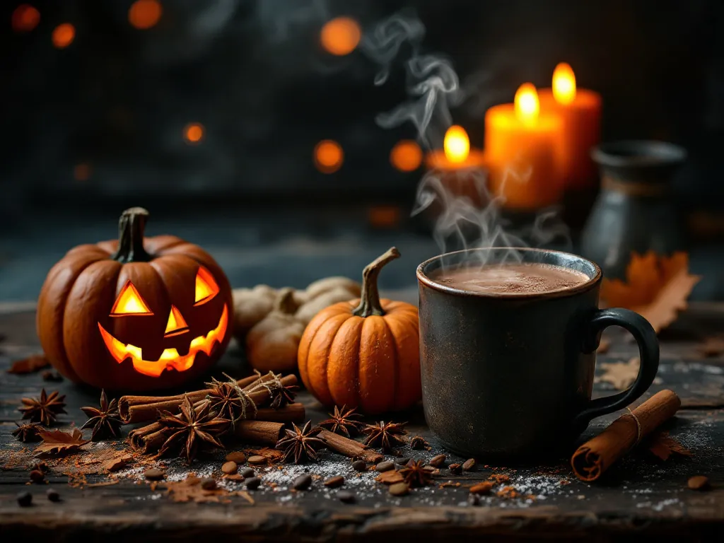 Citrouille d'Halloween allumée entourée d'épices : cannelle, badiane, girofle, gingembre et orange aux clous de girofle sur une table en bois